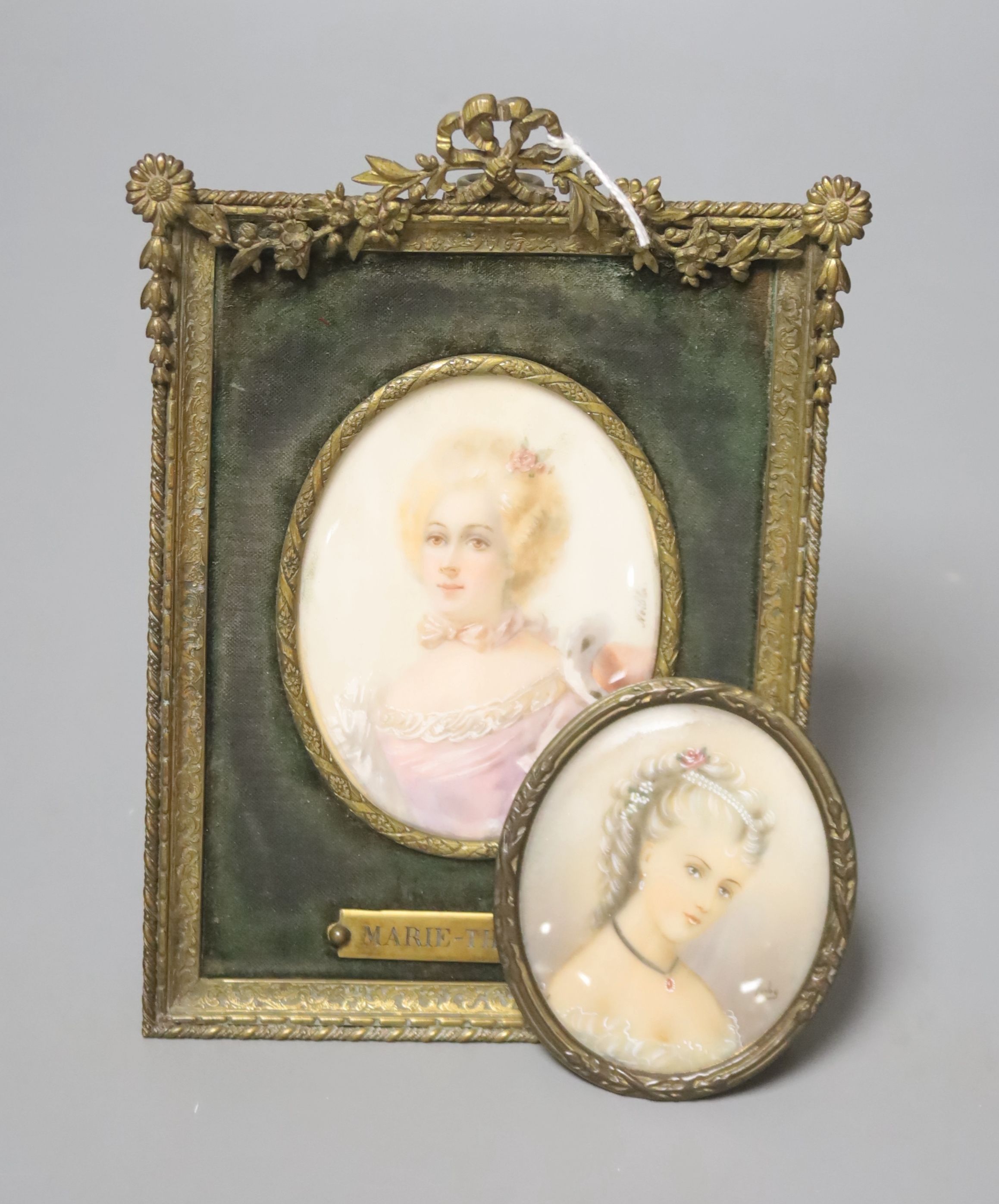 A framed portrait miniature of Marie Therese, overall 15.5cm high, and another similar miniature